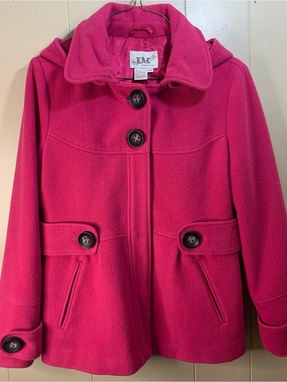 Live a Little Women’s S Pink Hooded Peacoat with removable hood